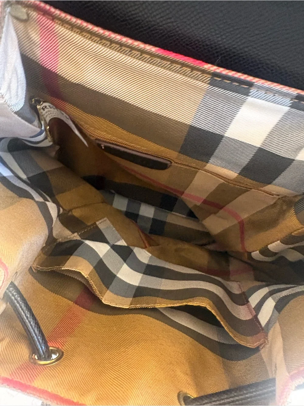 Designer-Inspired Tan Check Backpack with Black Trim and Red Stripe